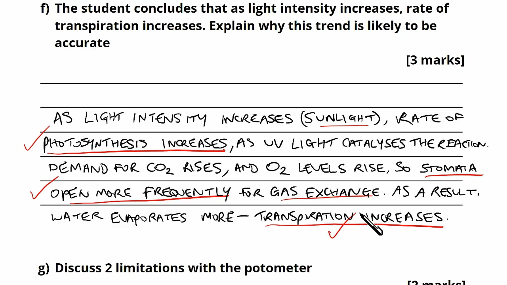 Effect of Environmental Conditions on plant Water Uptake Exam Style Questions 2