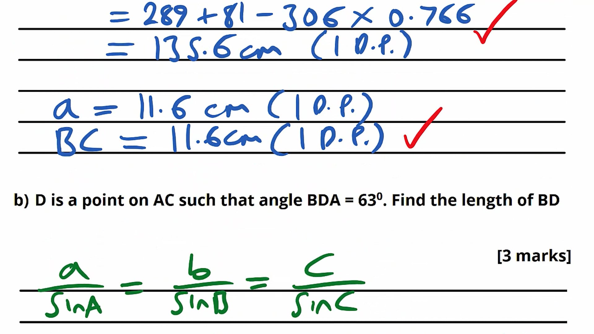 Sine and Cosine Rules Exam Question