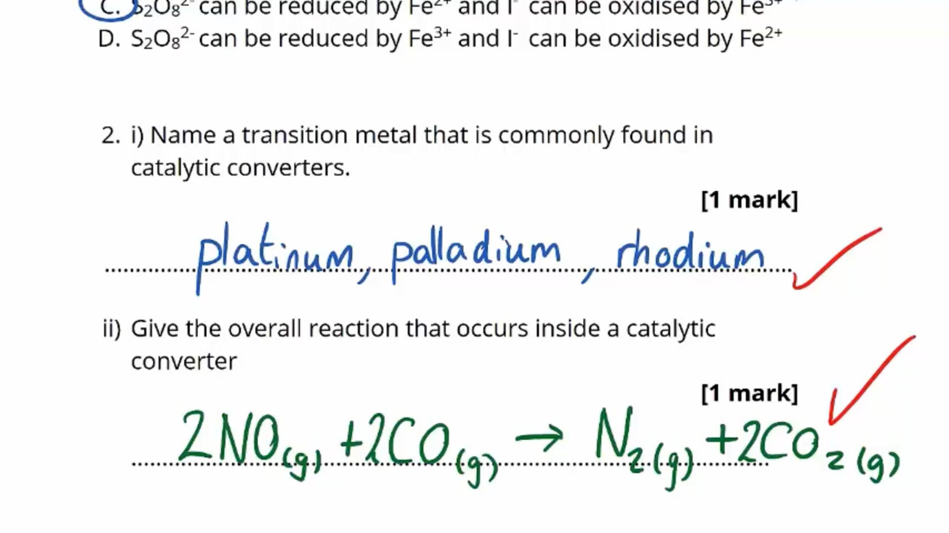 Transition Metals as Catalysts Exam Question